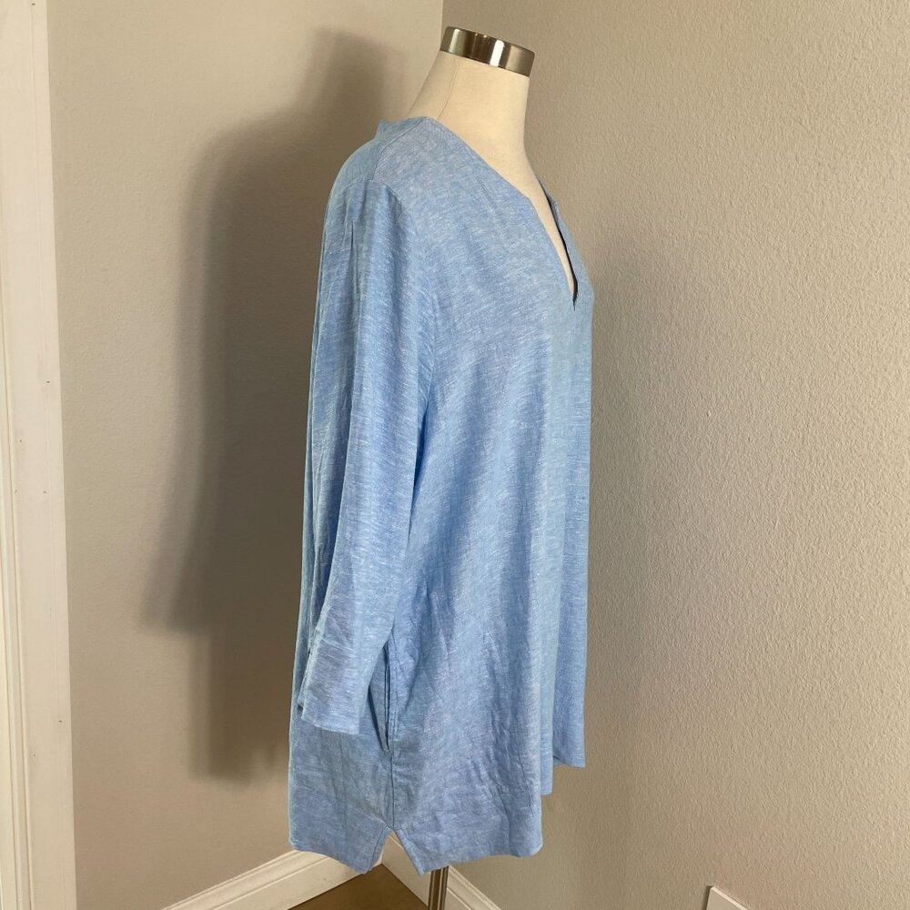 Lands End Womens Plus‎ XXL Blue Linen Blend Tunic Top 3/4 Sleeves V Neck Pockets - Picture 3 of 11